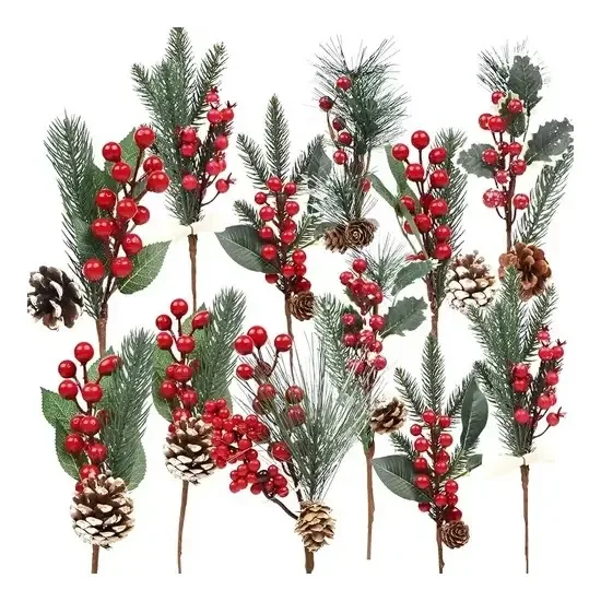 Conjunto de 6 galhos de Natal, enfeites decorativos para árvores de Natal, enfeites de Natal em pinho, flores de Natal, enfeites de confeitaria
