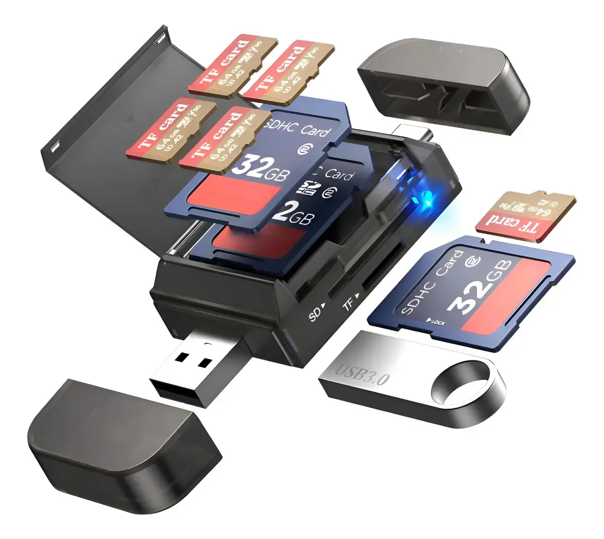 Adaptador de leitor de cartão SD/TF 6 em 1 preto