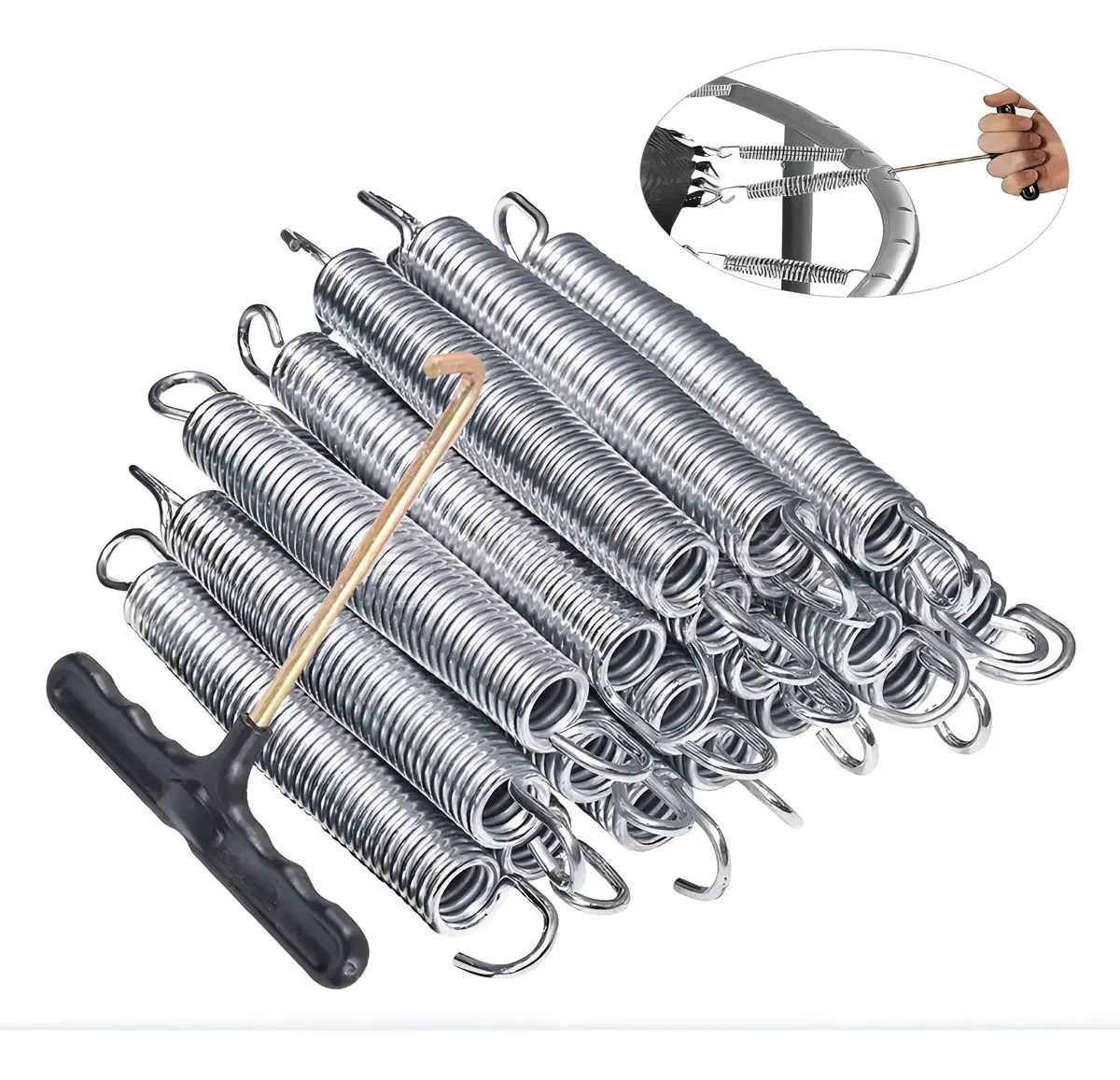 Kit Cortes, 15 peças de molas de trampolim universais (14 cm), com ferramentas de instalação, acessórios de trampolim Brincolin, ganchos duplos, forte força de tração, fio de aço carbono