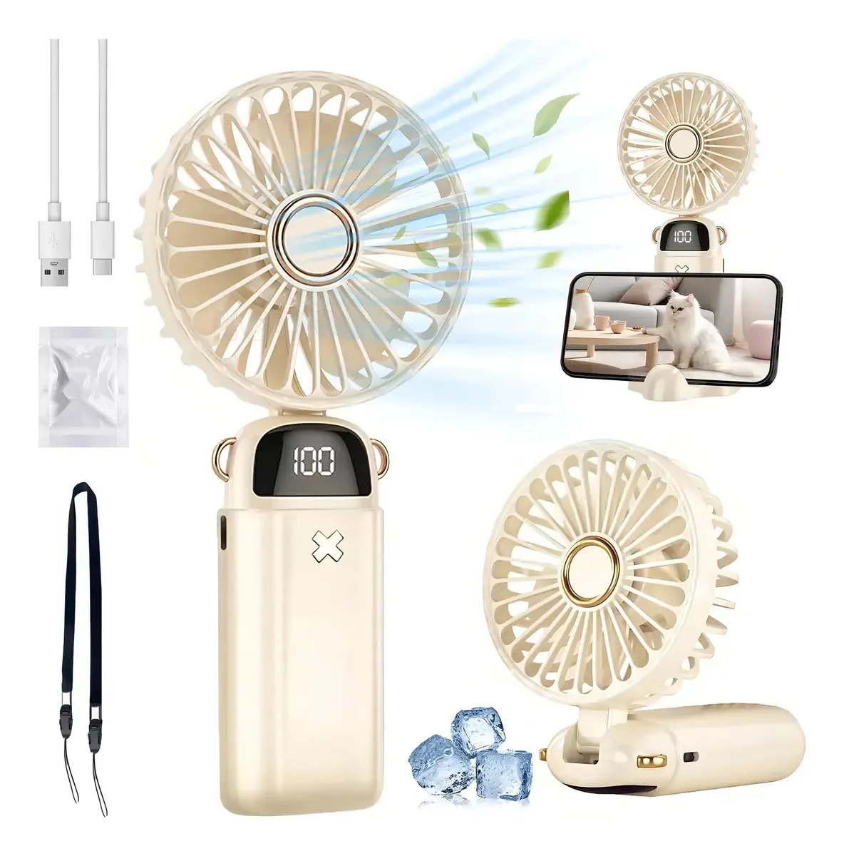 Ventilador portátil dobrável recarregável Hoovoo de 5 velocidades Mini ventiladores de mão Ventilador recarregável Ventilador portátil Ventiladores portáteis recarregáveis Hoovoo