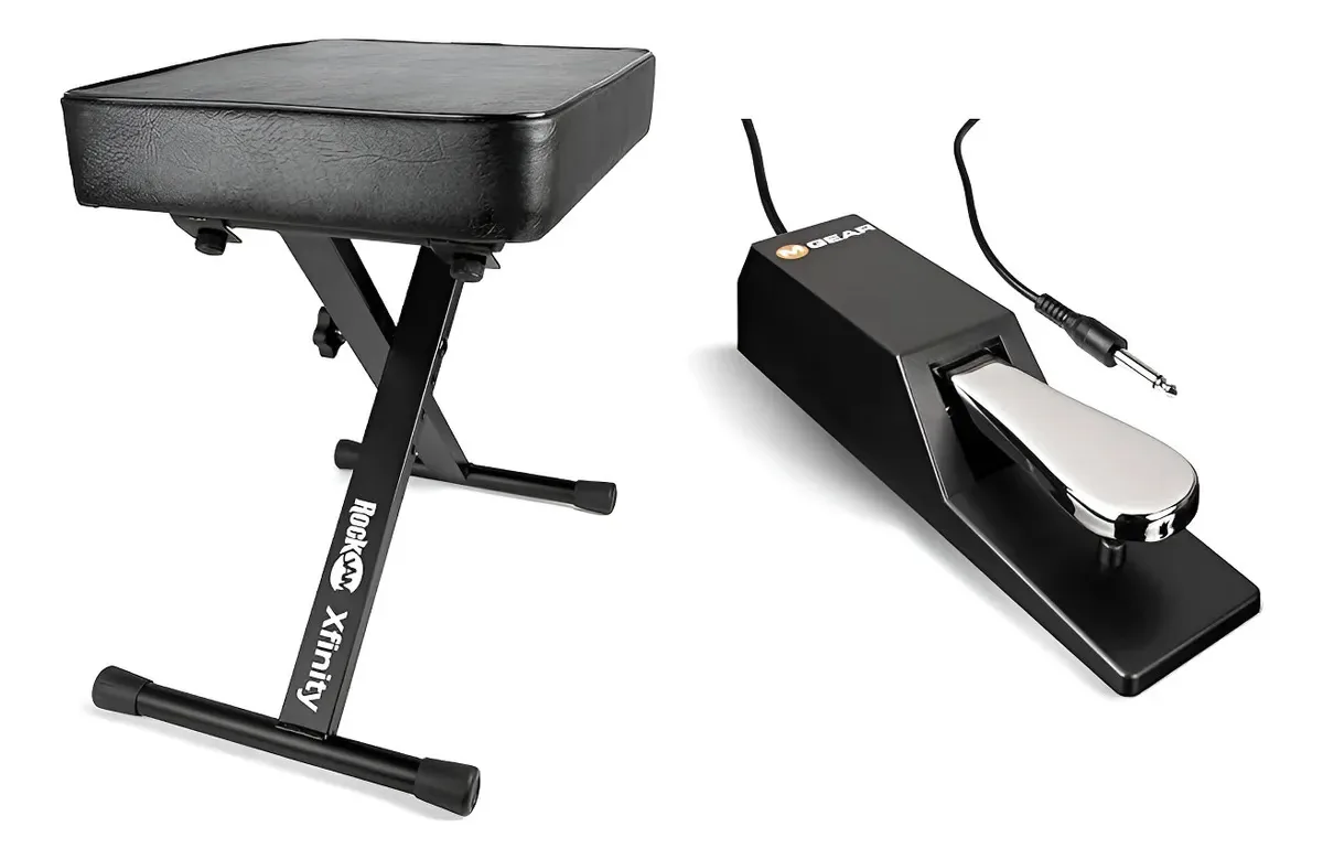 Banco de teclado ajustável e pedal de suporte - preto