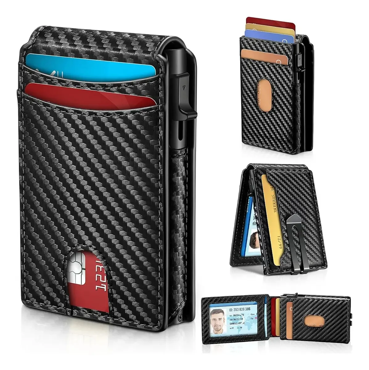 Porta-cartões masculino de fibra de carbono, carteiras masculinas, clipe de couro