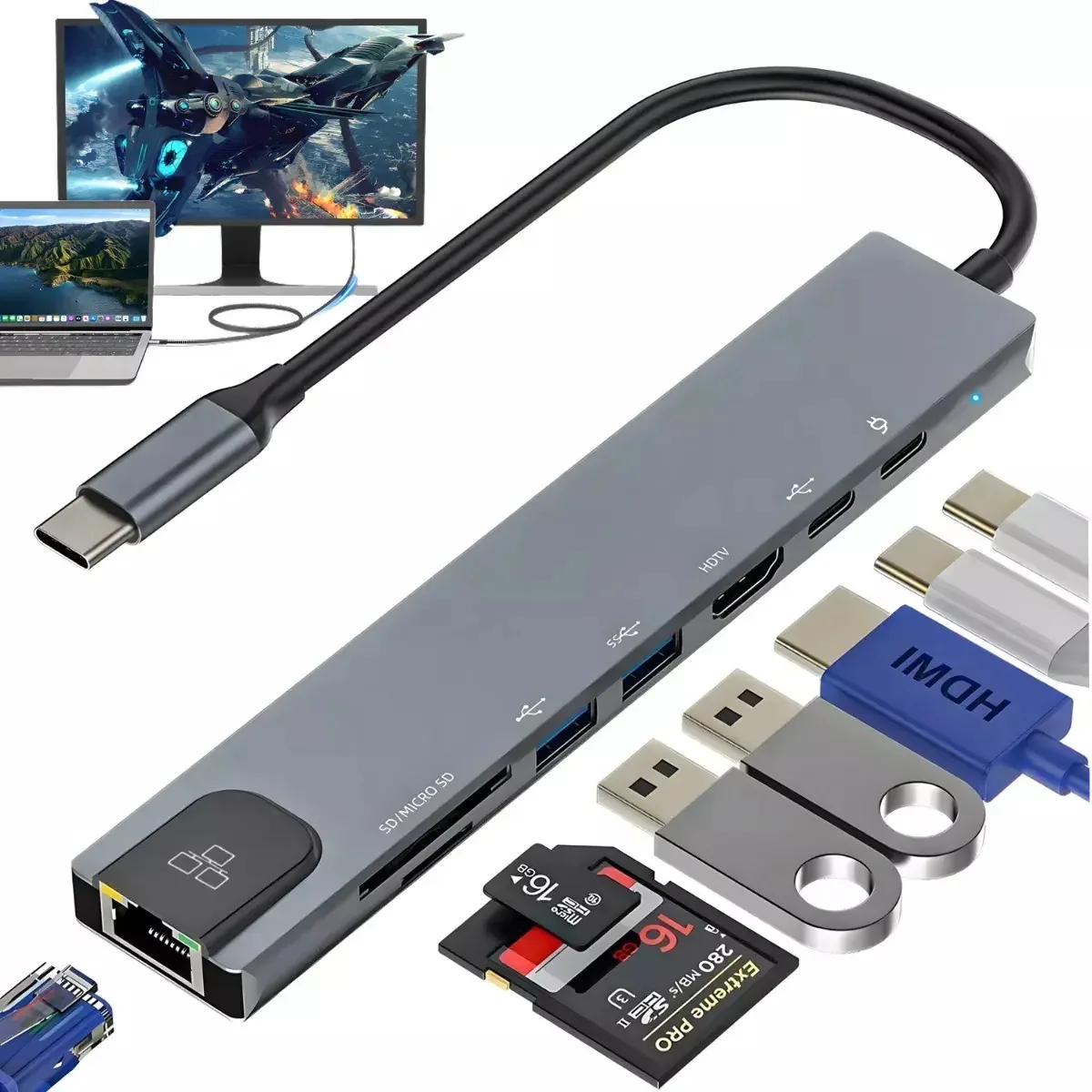 Adaptador multiporta USB-c Hdmi Hub com Ethernet 8 em 1 Usb