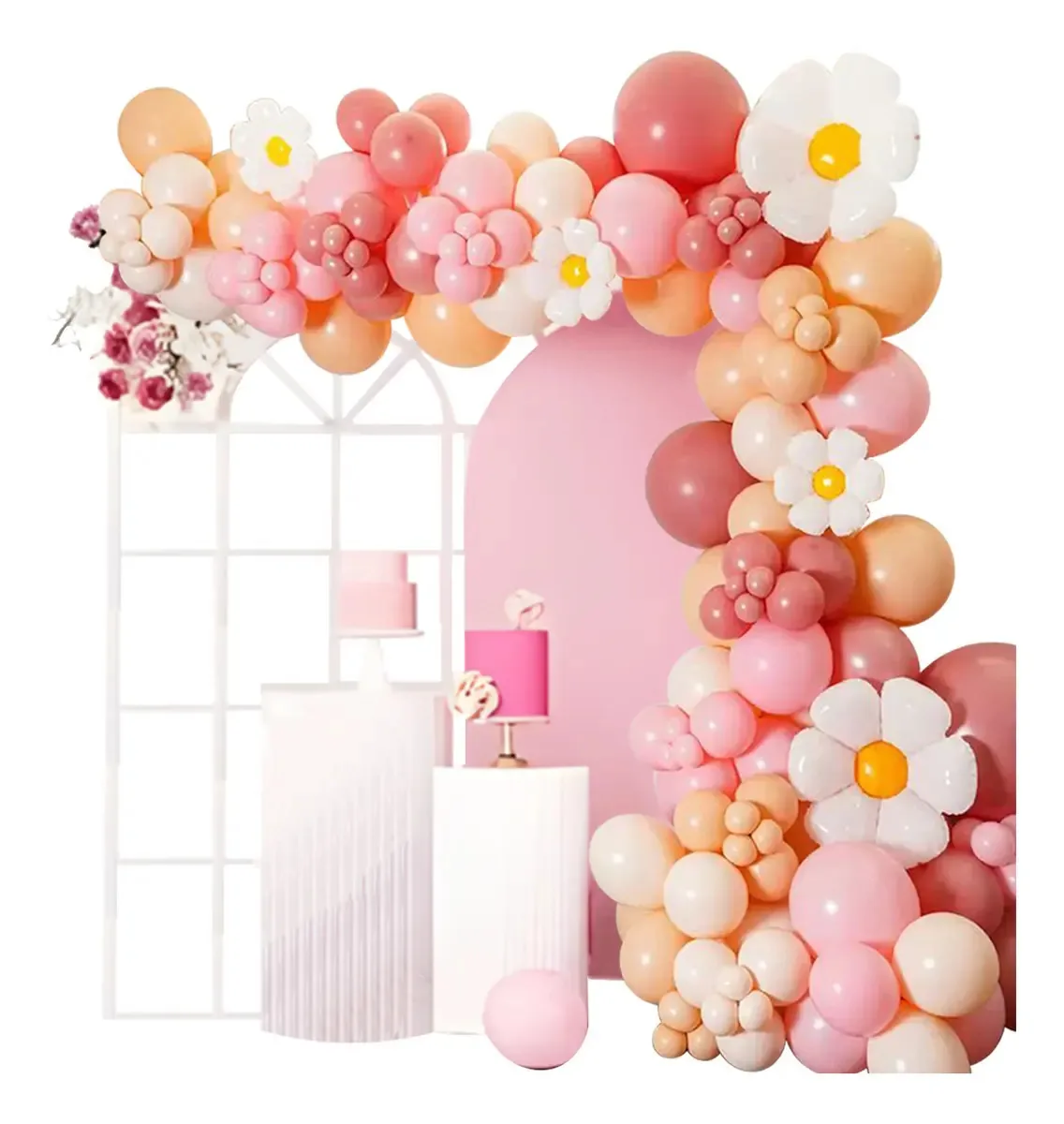 Guirlanda de balões com margaridas e decoração de balão laranja