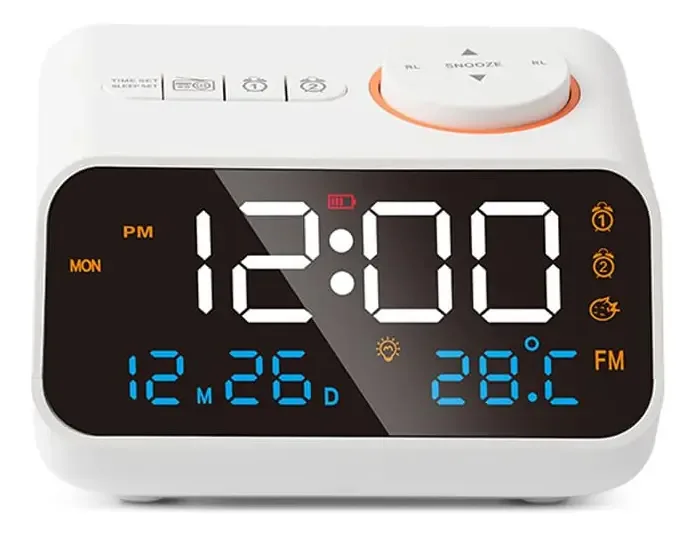 Despertador Wotao, despertador multifuncional com rádio FM, relógio digital LED recarregável com display de temperatura e umidade compatível com ativação de som/comutação contínua, brilho/volume