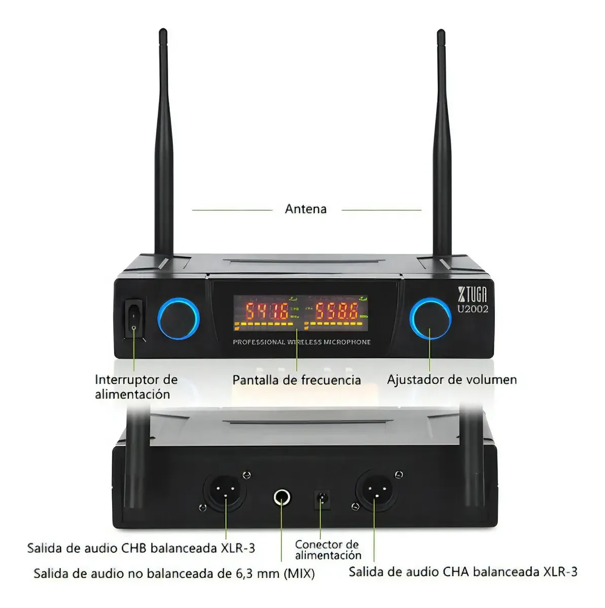 Microfones portáteis sem fio UHF de 2 canais Xtuga U2002