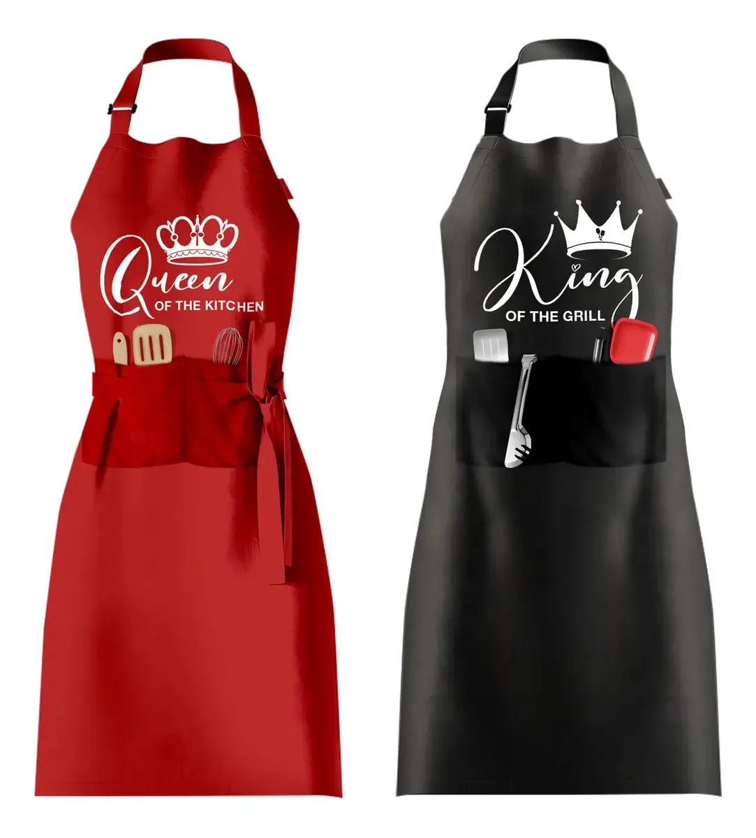 Conjunto de aventais Oarise King Queen para casais para Rega. Cor Preto/branco