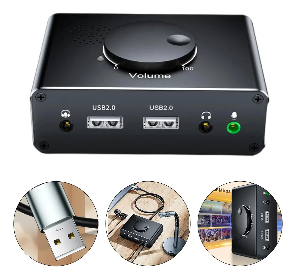 Heraon - Placa de Som Externa com Adaptador USB para Controle de Volume com Interfaces de 3,5 mm e Interfaces USB 2.0 para PC e Computador Portátil