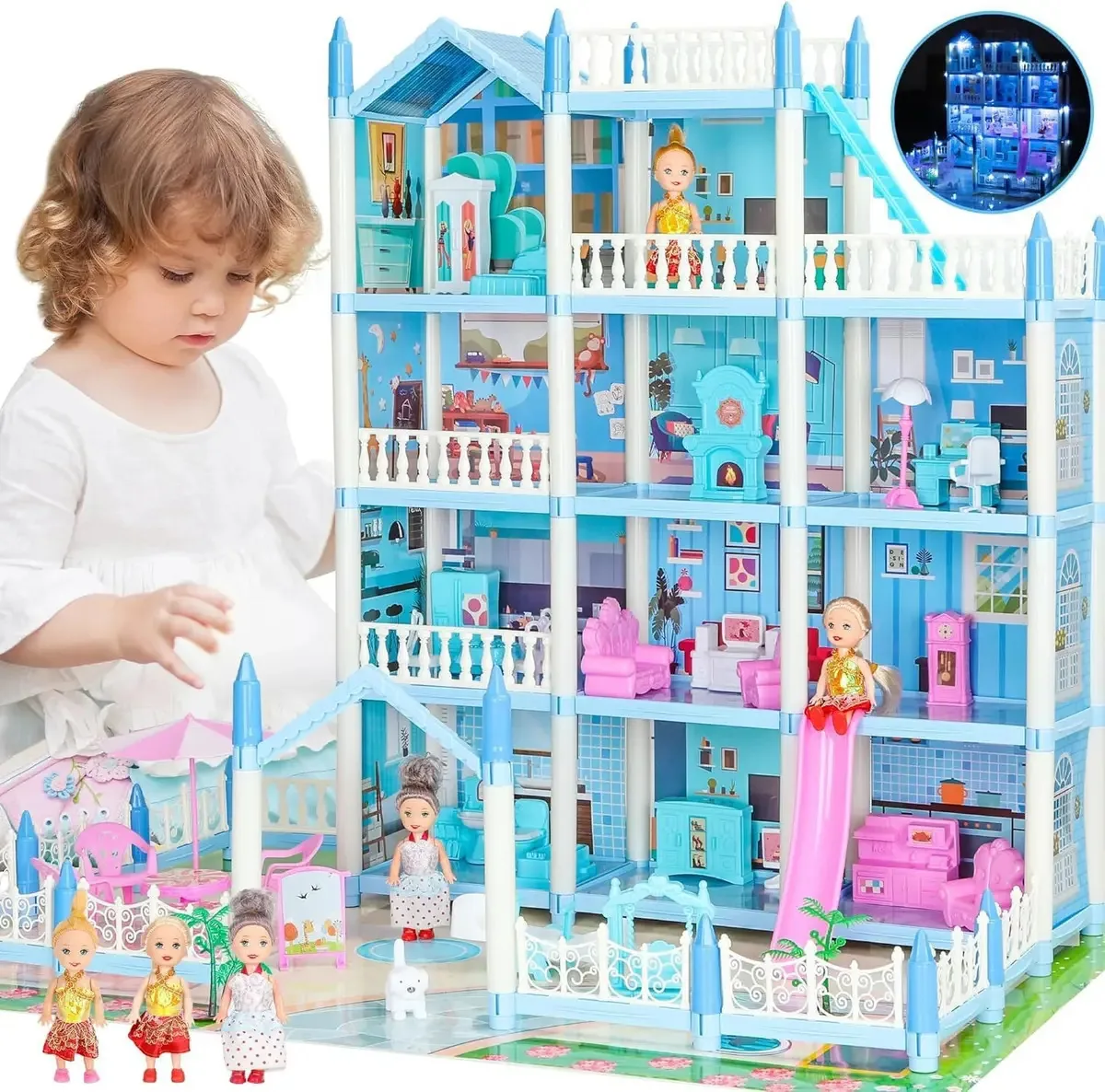 Casa de bonecas grande 73 cm, 4 andares, 3 bonecas e móveis