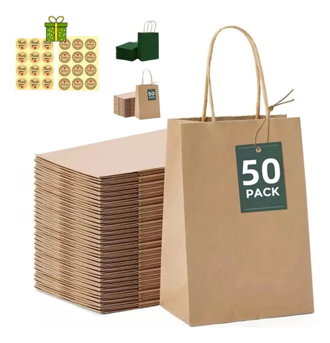 50 sacos de papel kraft decorativos portáteis ecológicos
