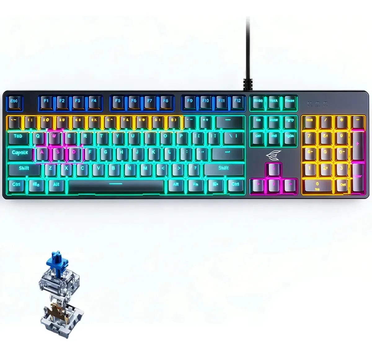 Teclado mecânico com teclado numérico Teclado numérico mecânico RGB para jogos e trabalho para PC, teclado Qwerty com fio de 104 teclas, anti-fantasmas, vários efeitos de luz RGB, teclado USB