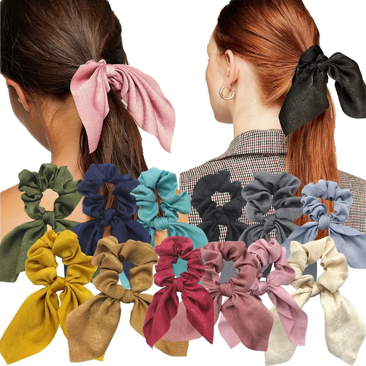Laços de cabelo elásticos de cetim Scrunchie, 12 cores