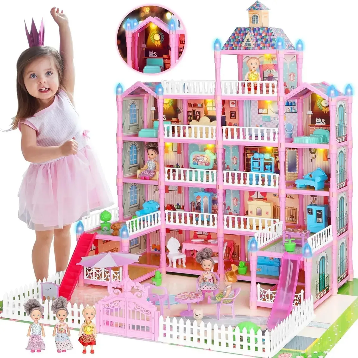 Casa de bonecas rosa de 5 andares com luzes e móveis