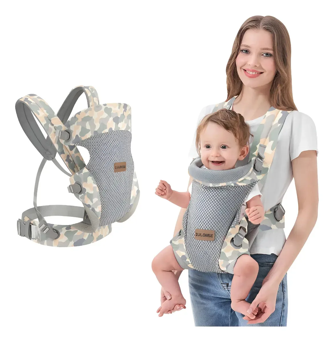 Portador de bebê com suporte lombar ergonômico, ajustável e transparente em cores de camuflagem