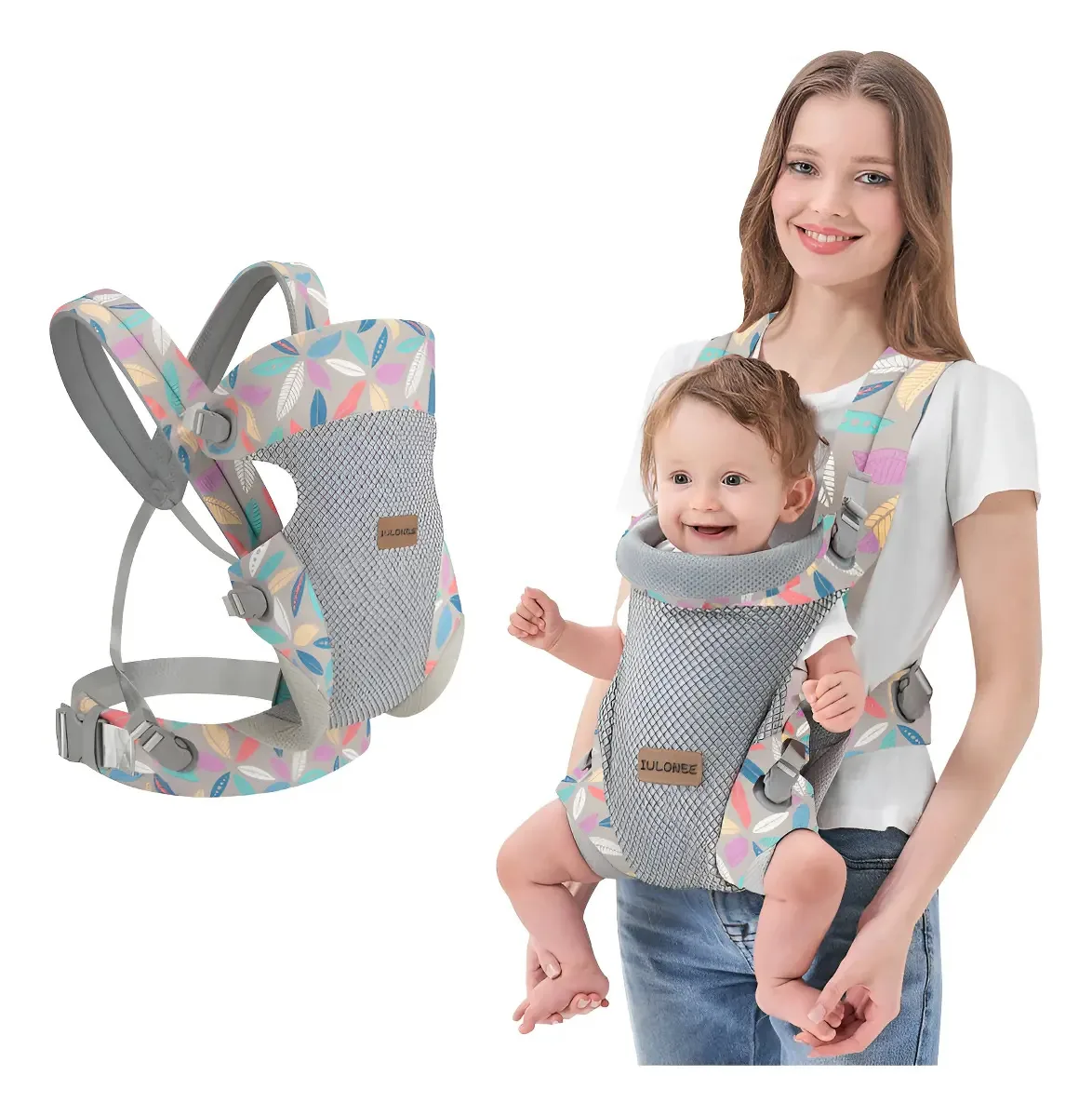 Portador de bebê com suporte lombar ergonômico e ajustável e folhas coloridas transparentes