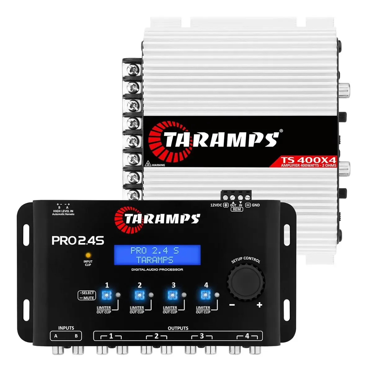 Pacote de amplificadores Taramps TS400x4 e Dsp Pro2.4s, cor preta