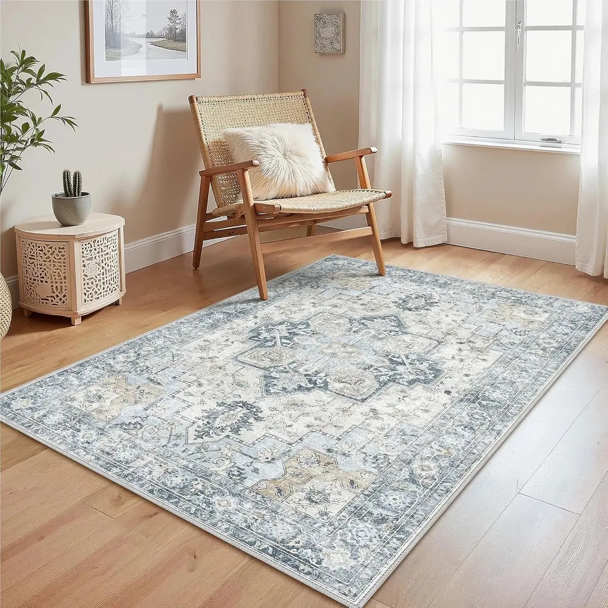 Tapete decorativo azul de 150 x 210 cm, adequado para sala de estar e quarto, tapete de decoração moderna, tapete/tapete persa autêntico, 210 cm de comprimento e 150 cm de largura.