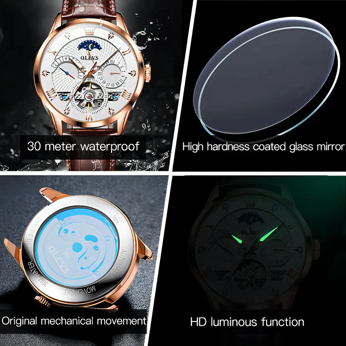 Relógios mecânicos de couro Olevs Tourbillon Black Bezel Color