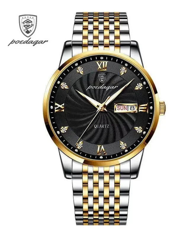 Relógios Poedagar 827 Calendar Sport Bezel de quartzo dourado e preto