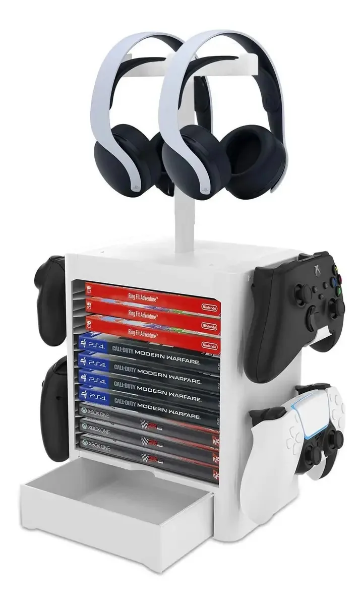 Fone de ouvido branco e organizador de jogos