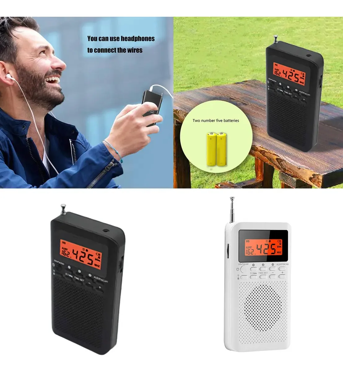 Baimoqi - Rádio Portátil com Bateria com Alto-falantes, Porta para Fones de Ouvido, Rádio Pequeno com Tela Grande de LCD