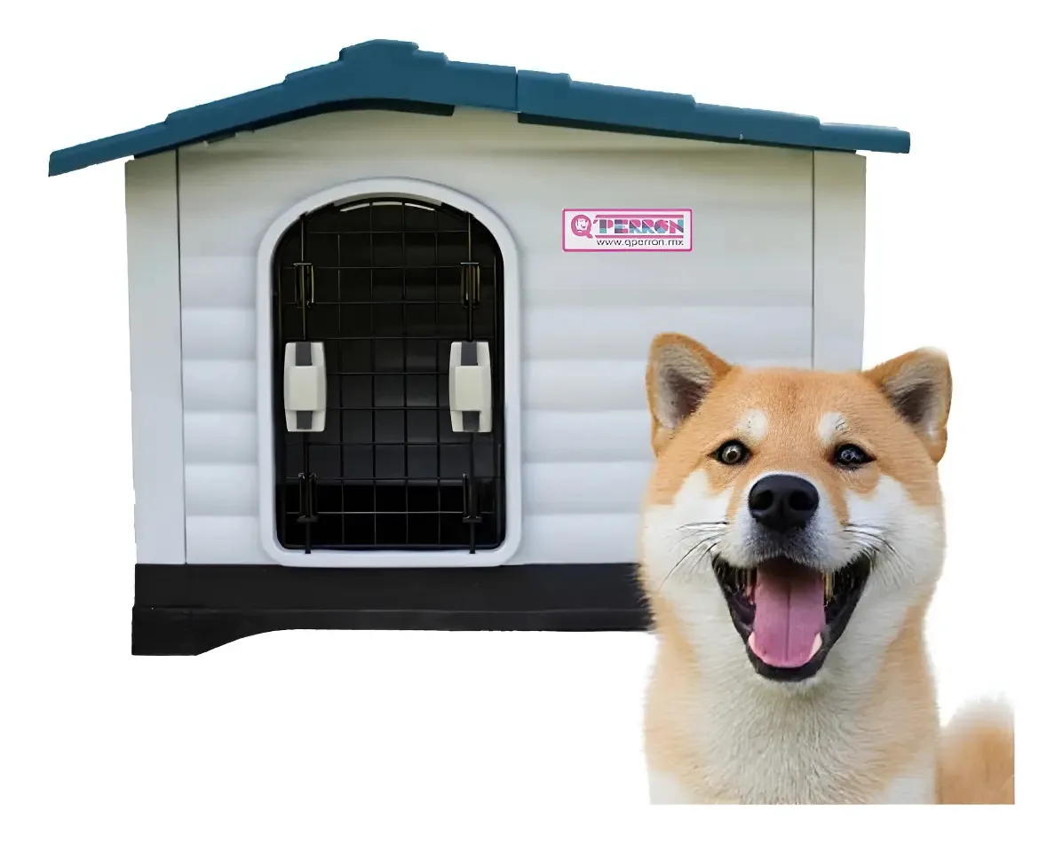 Casa de cachorro ao ar livre de raça média ou pequena com porta azul