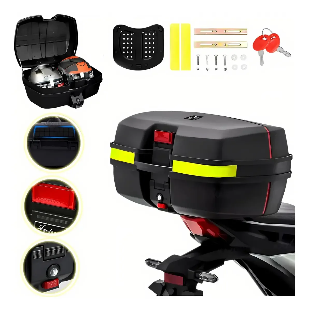 Estojo traseiro de motocicleta em ABS de 45 L para 2 capacetes, cor preta