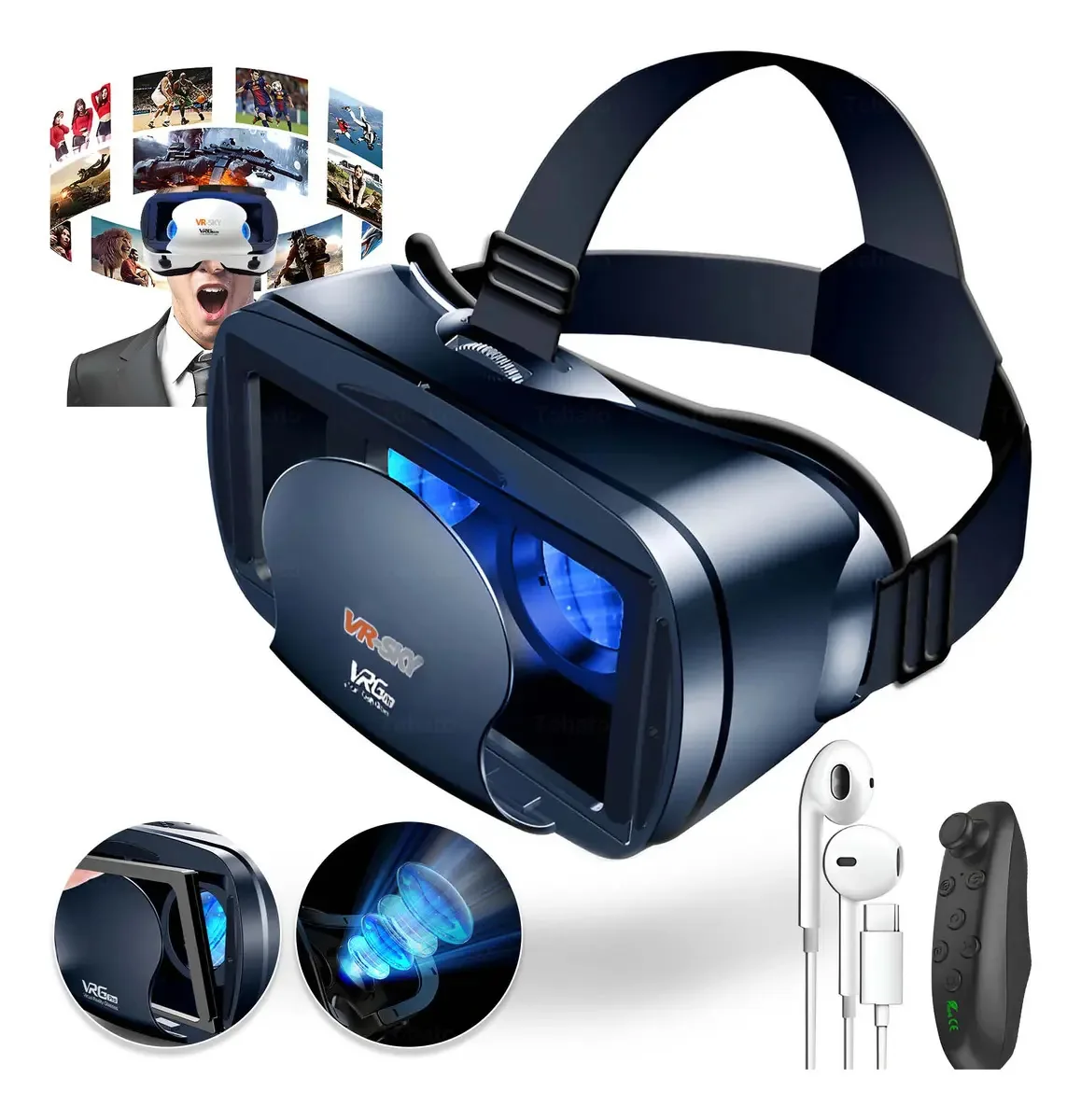 Óculos de realidade virtual 3D com controle remoto e fones de ouvido, cor preta