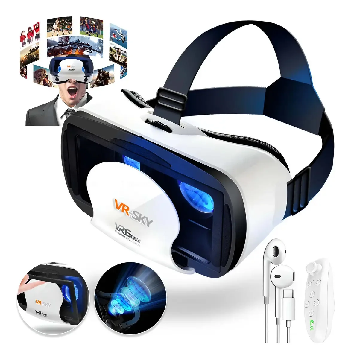 Óculos de realidade virtual 3D com controle remoto e fones de ouvido brancos