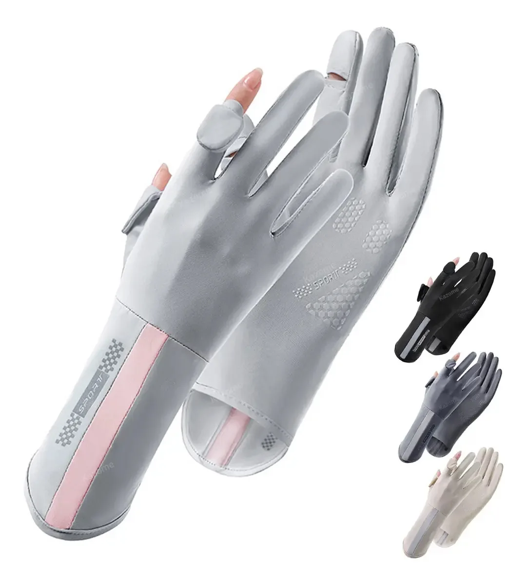 Luvas de proteção solar antiderrapantes com tela de toque cinza claro