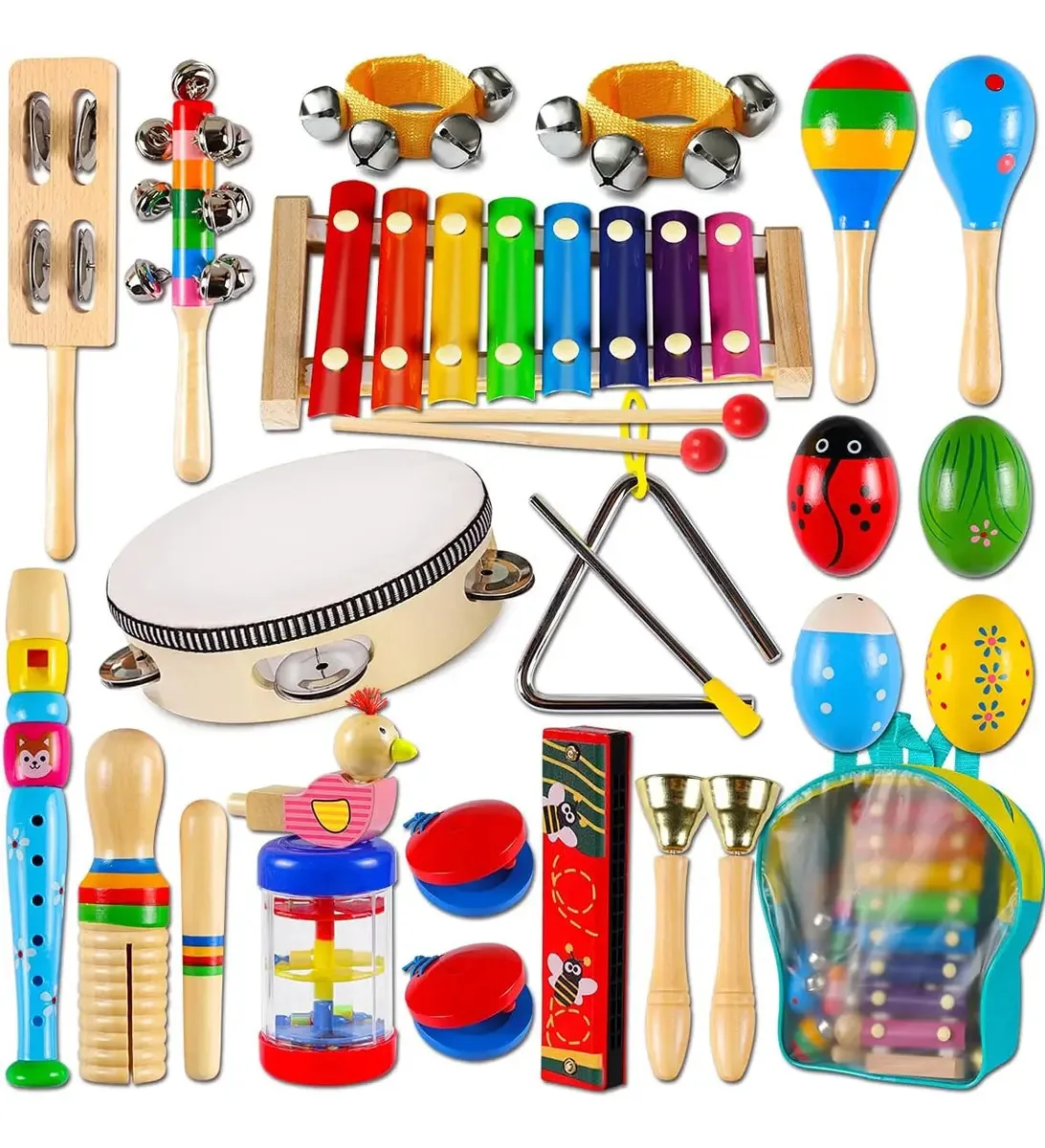 Conjunto de instrumentos musicais de madeira para crianças