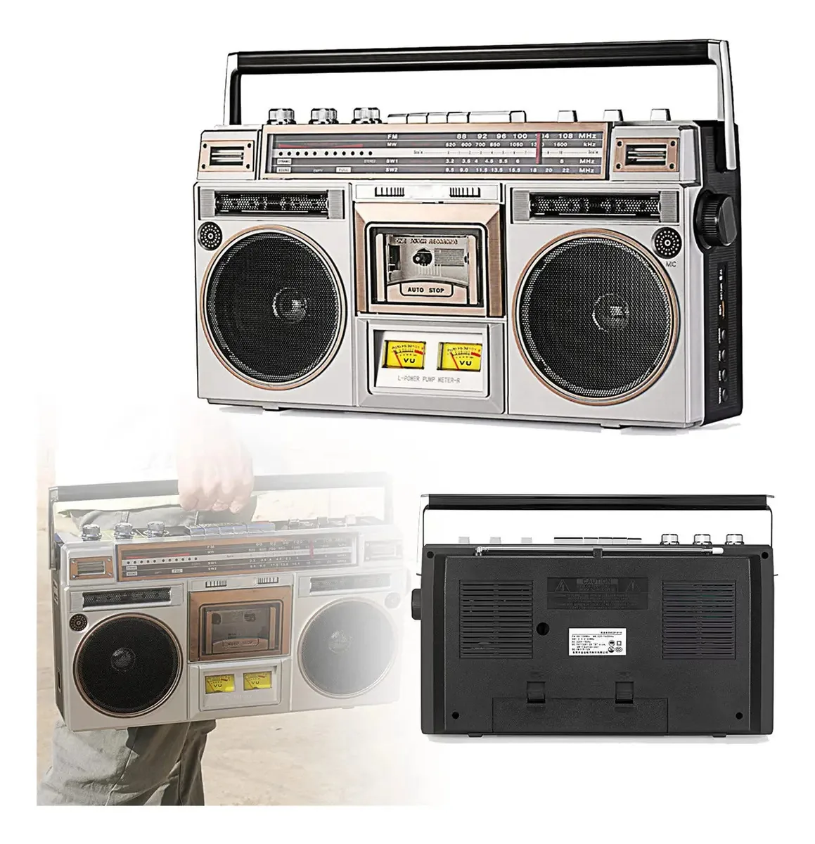 Alto-falante estéreo integrado Lmyydes Boombox Retro, gravador de cassetes com toca-fitas, rádio, USB, SD e Bluetooth para emparelhamento rápido de dispositivos, 43x29x15cm