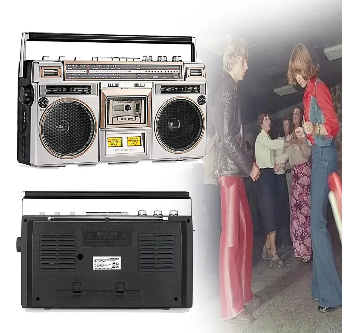 Lmyydes Boombox portátil com Bluetooth, toca-fitas de rádio AM/FM, alto-falantes duplos, estilo retrô clássico dos anos 80, 42x14x28cm