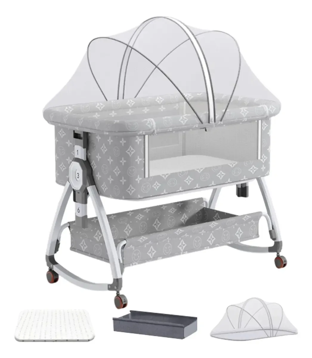 Berços de bebê dobráveis multifuncionais com mosquiteiro, travesseiro e cesta de armazenamento, altura ajustável, 6 camadas, removíveis e laváveis com função de colarinho, padrão floral, cinza