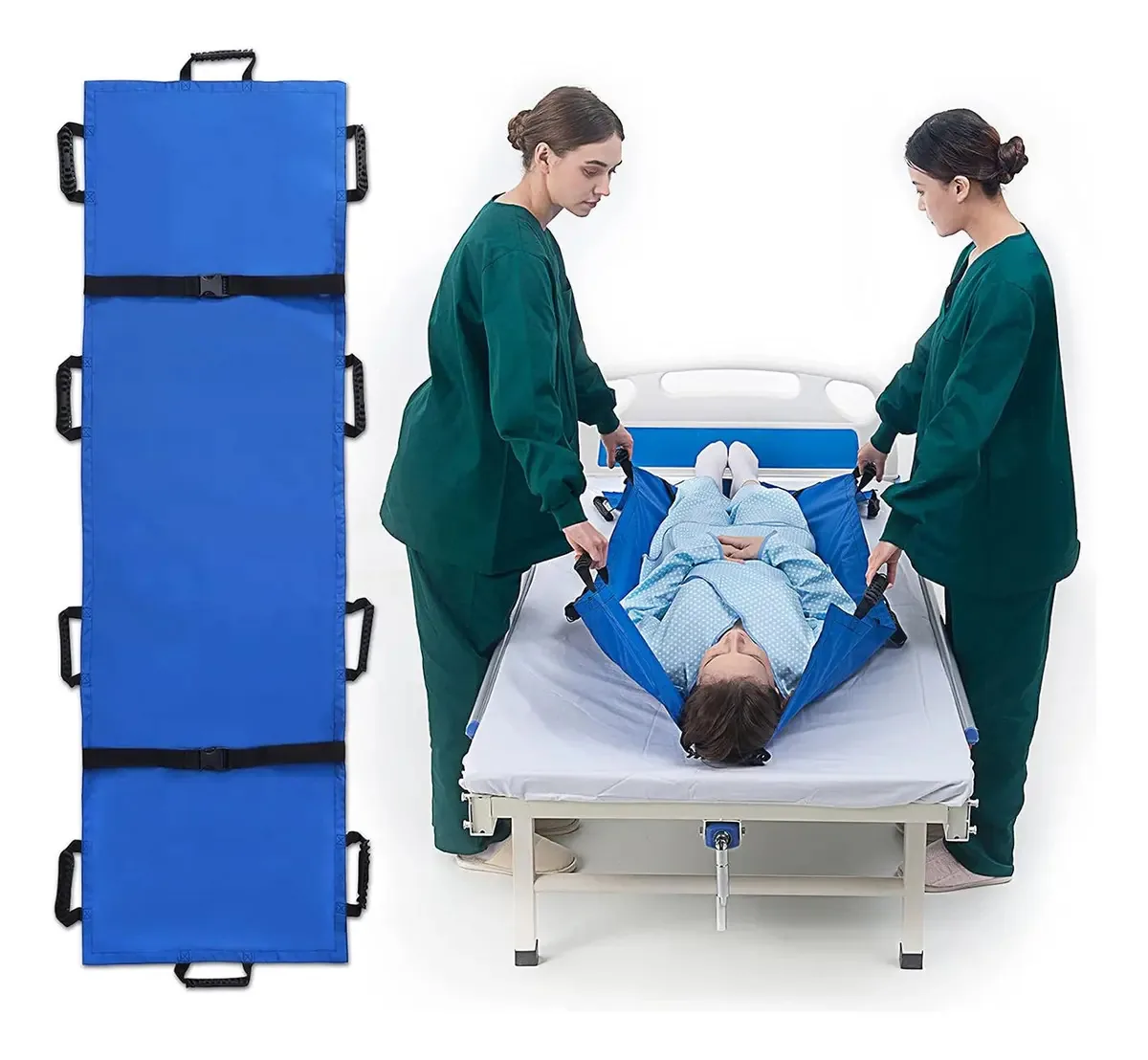 Maca de emergência dobrável portátil, cama de transferência, lençol de transferência para pacientes com várias alças, tapete de apoio para mobilização e transferência em cama azul