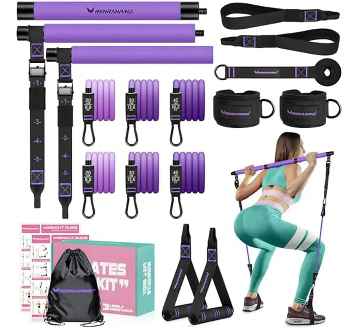 Kit Pilates com faixas de resistência, barra multifuncional
