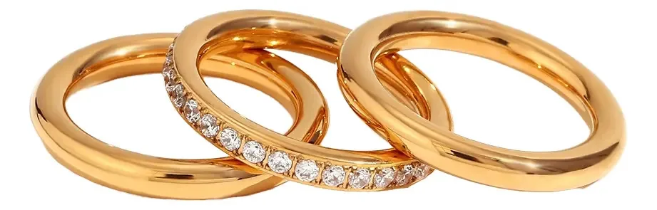 Conjunto de anéis de aço inoxidável empilháveis dourados tamanho 6