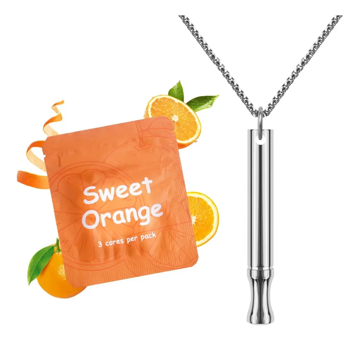 Colar de respiração de aromaterapia, laranja doce, aço prateado