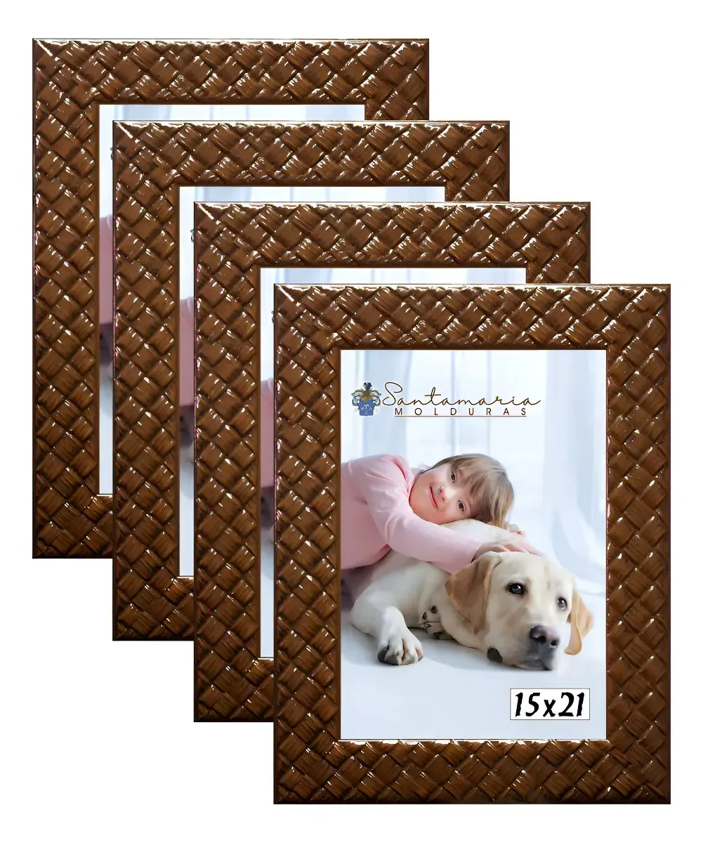 Kit 4 Porta-Retratos de Madeira Marrom 15x21 cm com Relevo e Vidro
