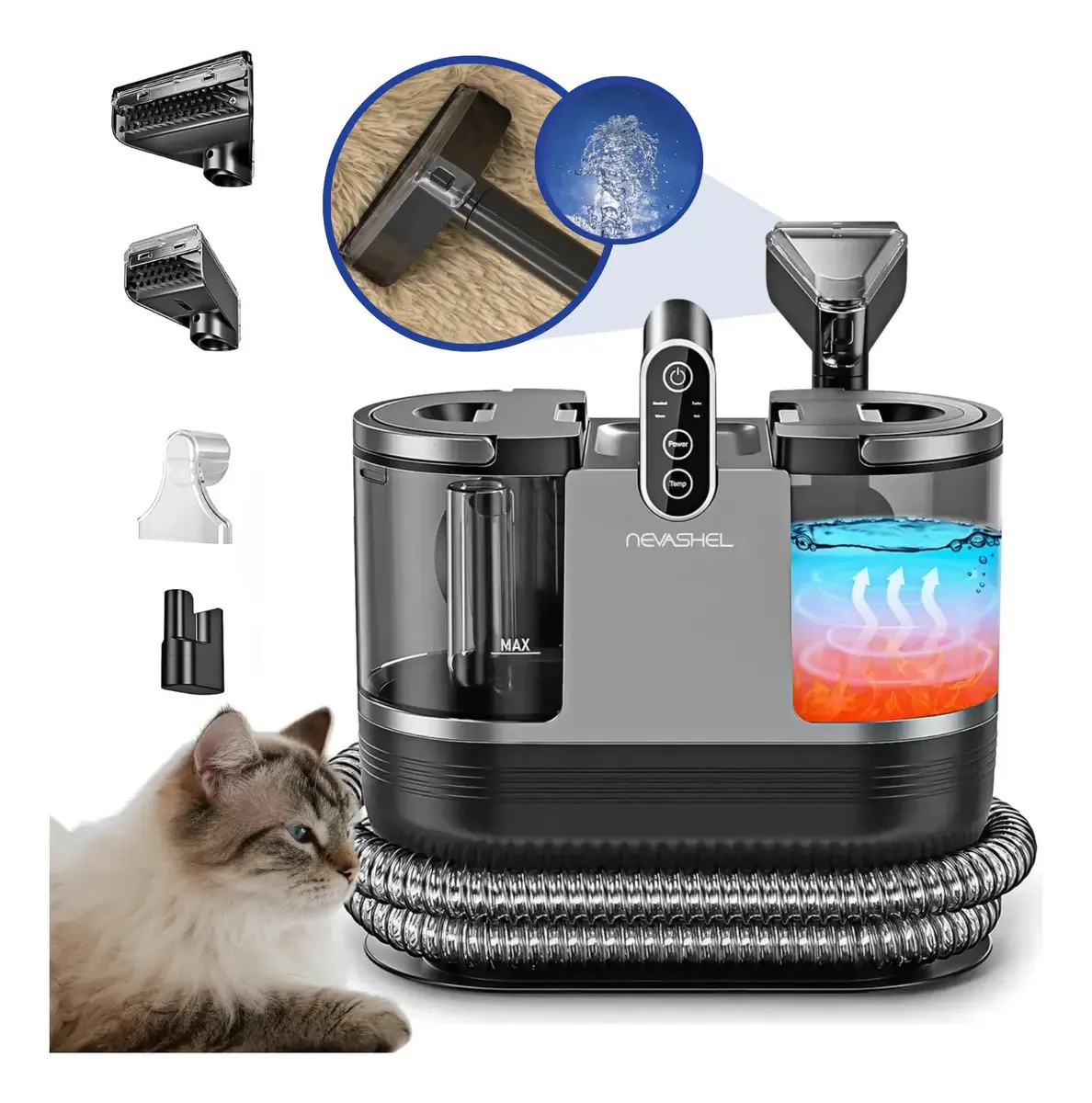 Aspirador portátil para lavar carpetes Nevashel Home RS-07, limpador de carpetes e estofados, hidroaspirador de 1200 W, ideal para carros e residências, compacto, 6 acessórios, limpeza profunda e...