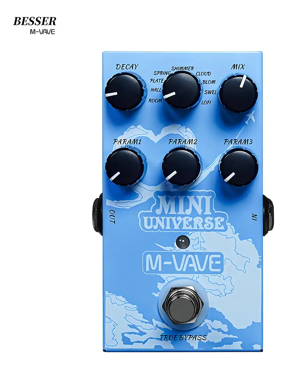 Pedal de reverberação Mini-universe com 9 efeitos e cor azul True Bypass