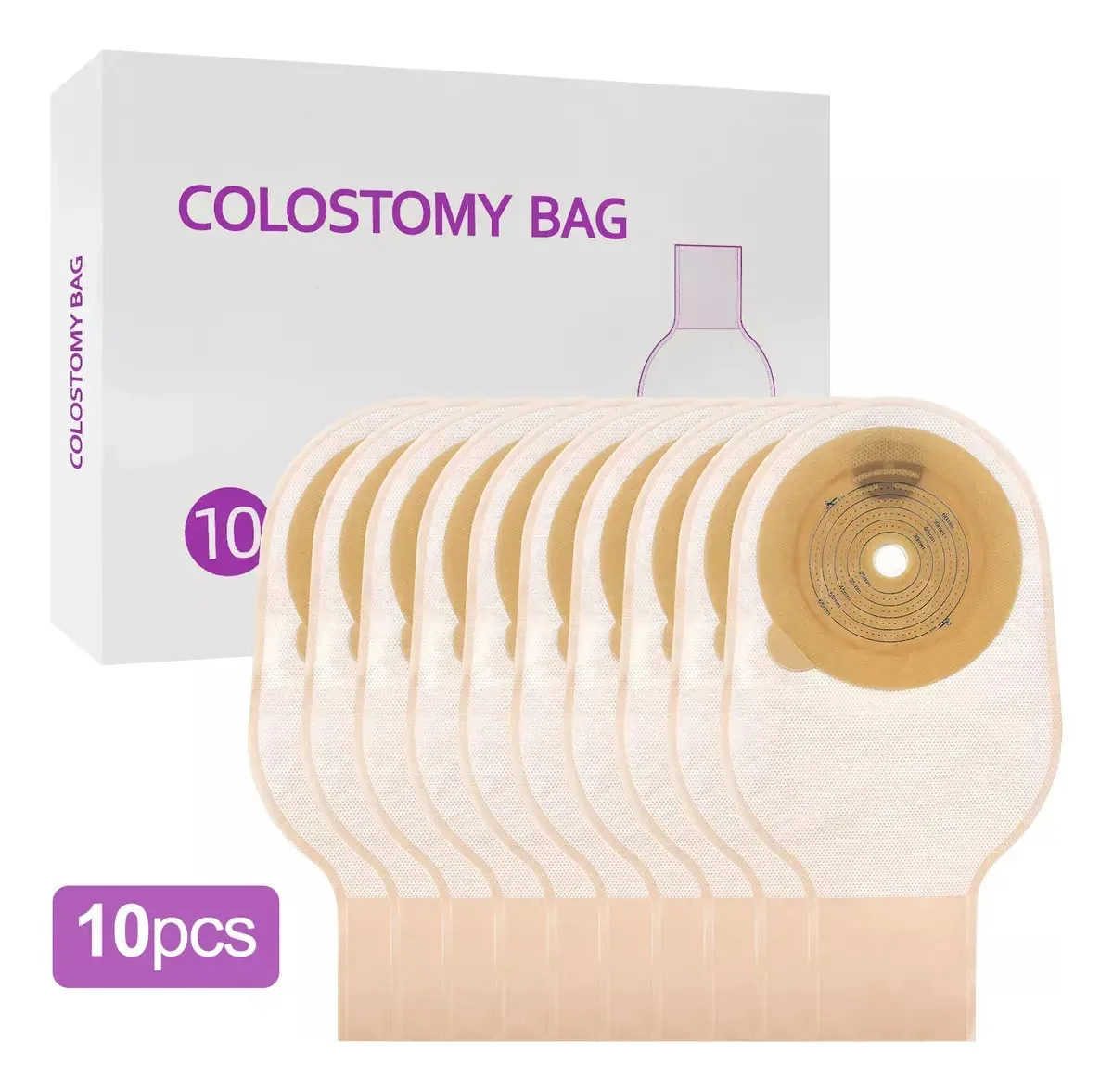 10 bolsas de colostomia descartáveis ​​Fivcage cor nude reutilizáveis ​​material Hyperflex 65 mm por 27 cm