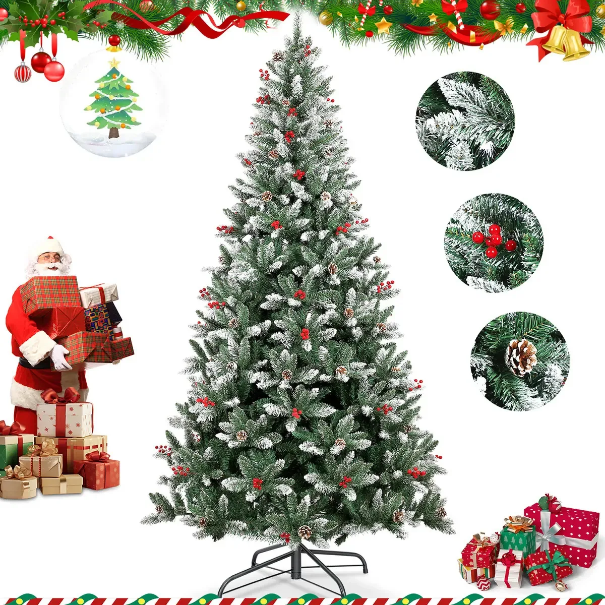 Árvore de Natal Kidsted 1.8m C/1200 Galhos e Enfeites Pinhas e Bagas