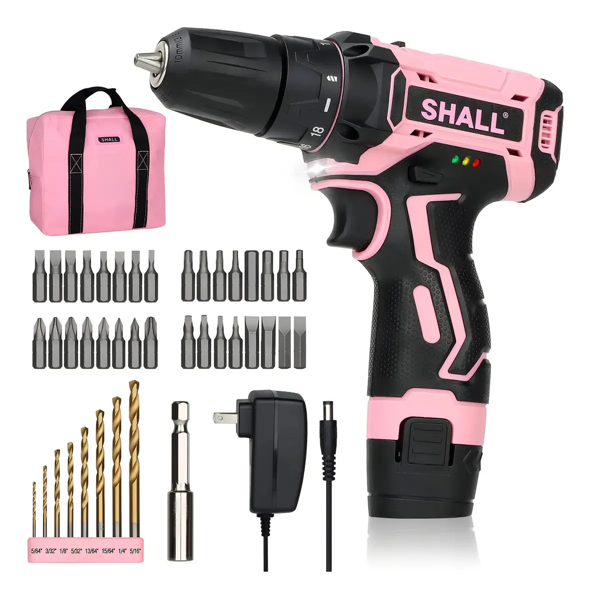 Conjunto de furadeiras rosa sem fio Shall de 43 peças, tamanho. Cor Rosa