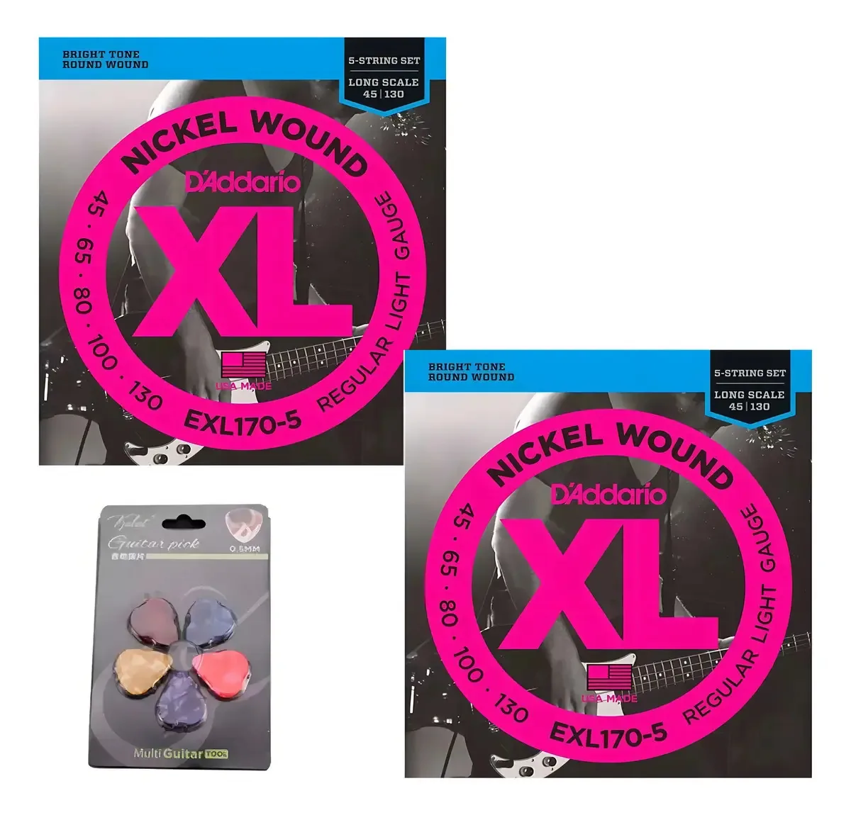 Cordas de baixo de 5 cordas D'addario Exl170-5, 2 unidades