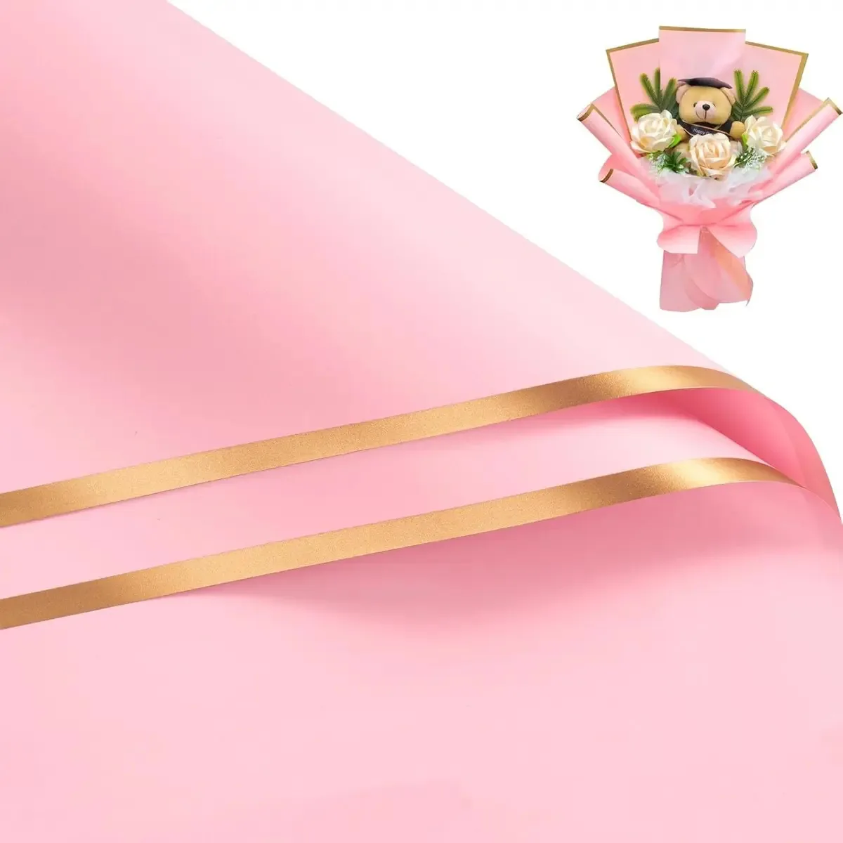 40 folhas de buquês de papel celofane coreano e arranjos florais com acabamento em ouro rosa