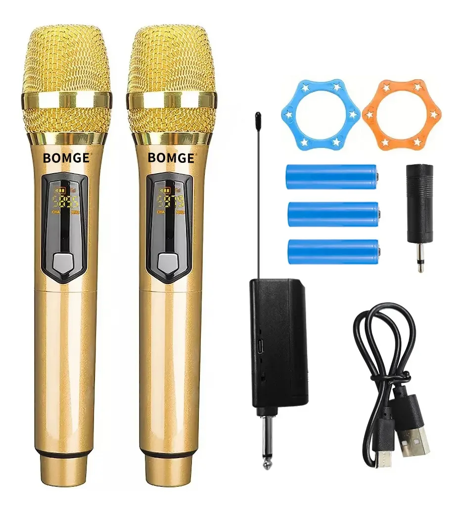 2 Microfones profissionais de karaokê sem fio com receptor dourado