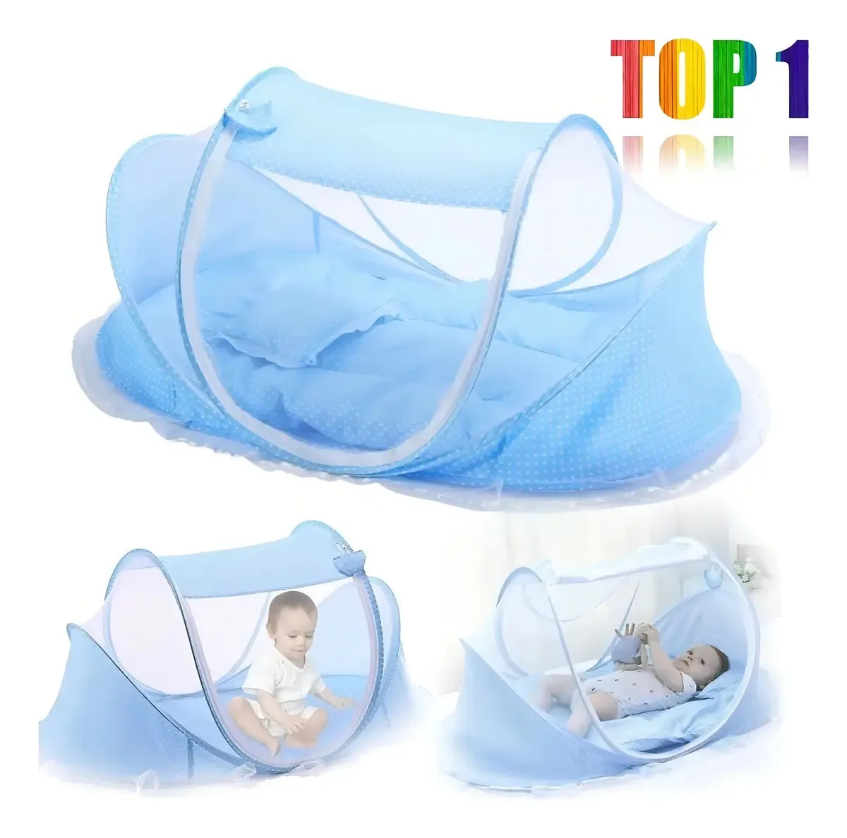 Berço Moses dobrável e portátil com mosquiteiro para bebês, cor azul