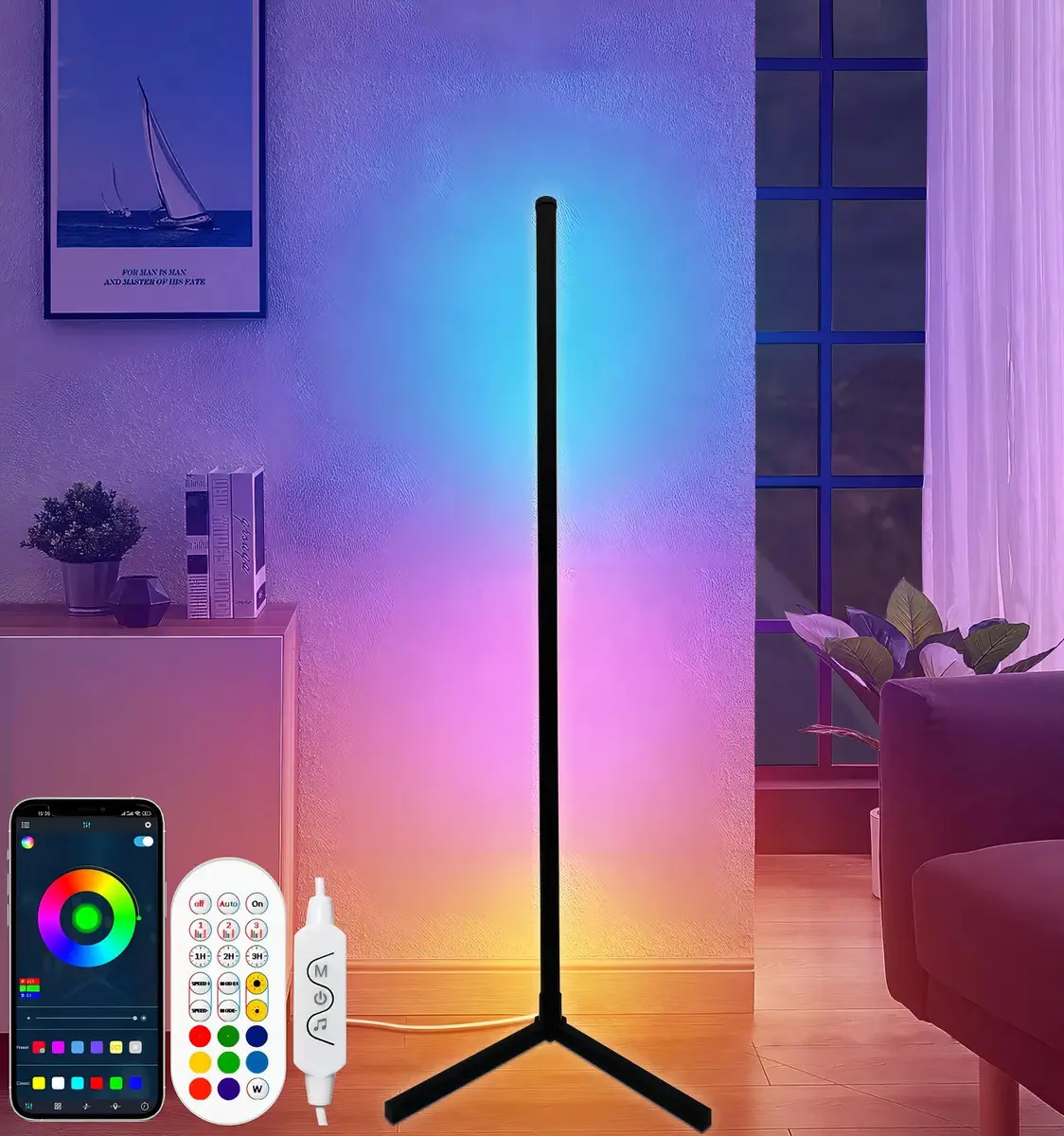 Luminária de chão de canto RGB, iluminação ambiente