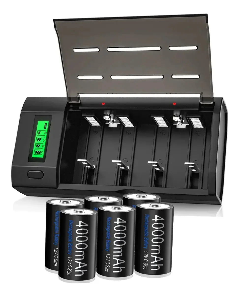Palowextra Premium - Baterias Recarregáveis C Com Carregador, 6 Unidades De 1.2 V Nimh C Tamanho Baterias Com Carregador De Bateria Universal Para Pilhas Aa Aaa 9v D C Recarregáveis 6 Unidades...